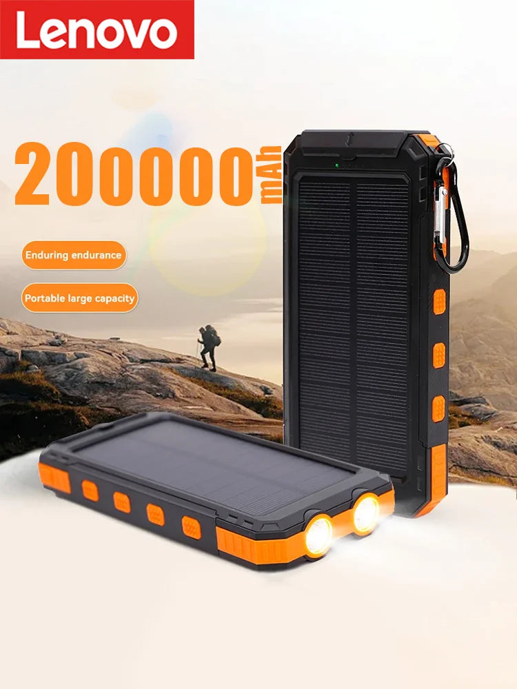 Lenovo Neue 200000 mAh Solar-Powerbank, hohe Kapazität, dünnes Ladegerät, wasserdichte Powerbank, externe Batterieladung mit LED-Licht