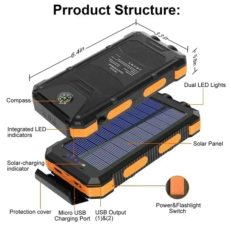 Lenovo Neue 200000 mAh Solar-Powerbank, hohe Kapazität, dünnes Ladegerät, wasserdichte Powerbank, externe Batterieladung mit LED-Licht